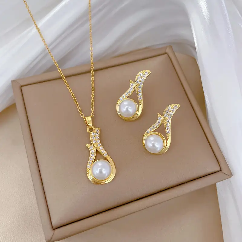 B529 necklace-B530 stud earrings [titanium steel chain copper pendant earrings]]