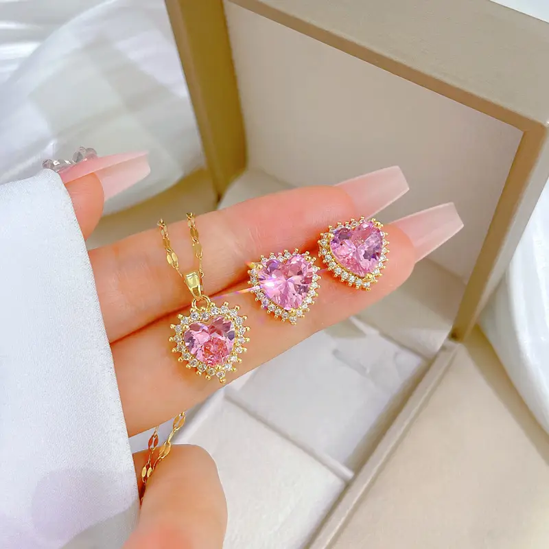 Luxury Zircon Heart Earrings & Necklace Set