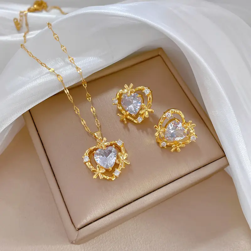 Luxury Zircon Heart Earrings & Necklace Set