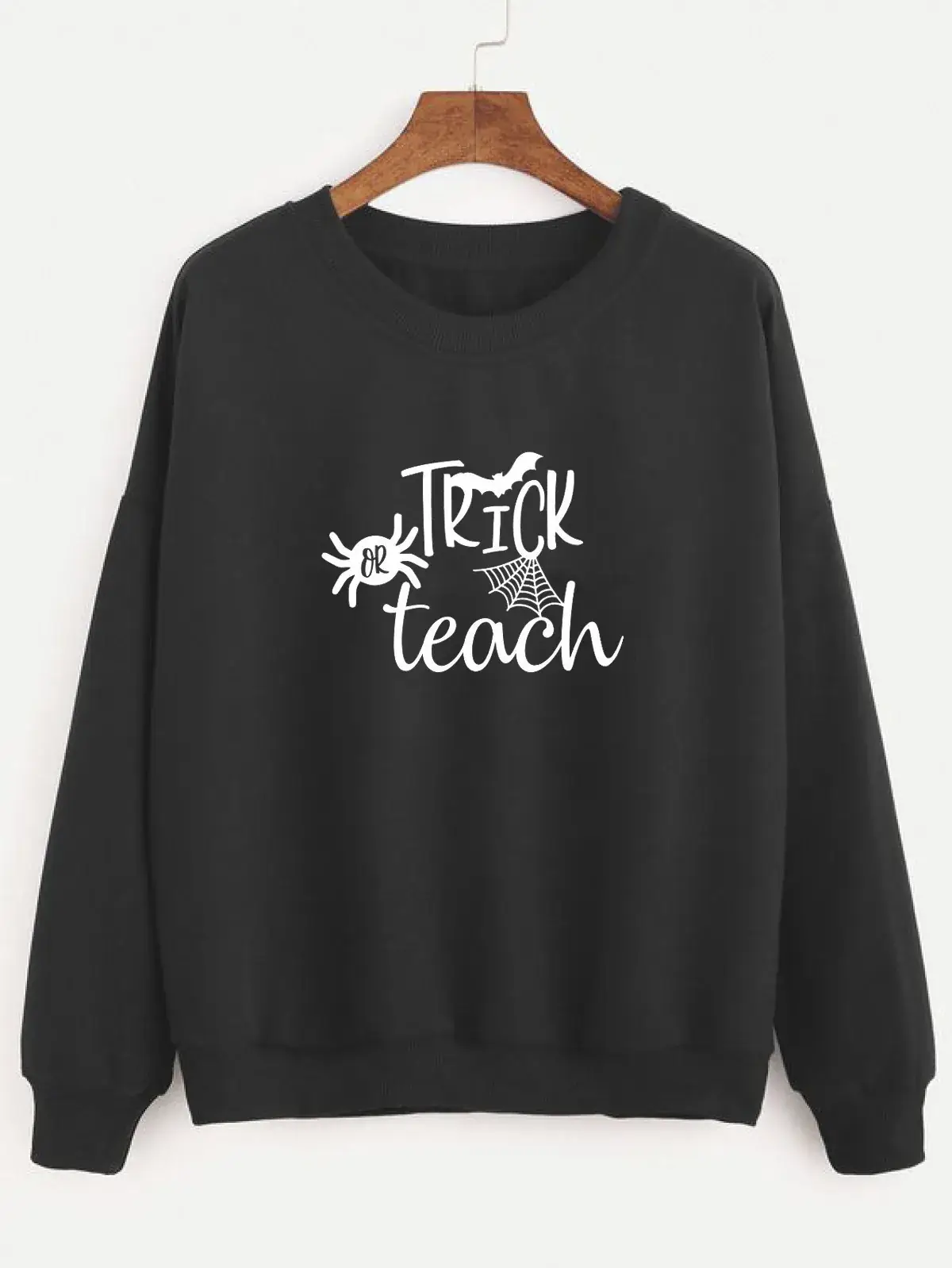 White Round Neck Sweater Trick or Teach Print