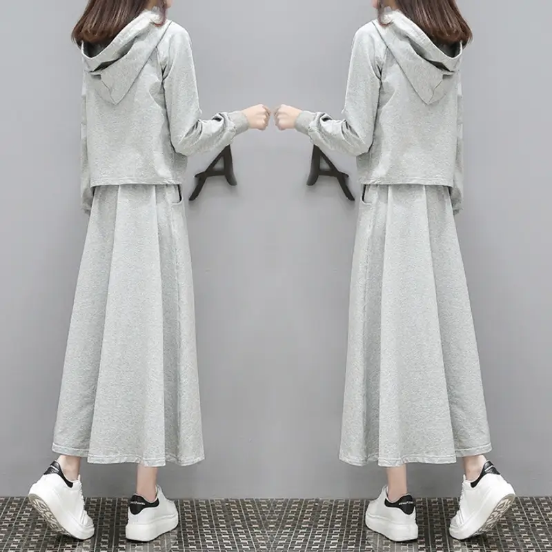 Women Korean Style Over-the-Knee Hoodie Dress Grey