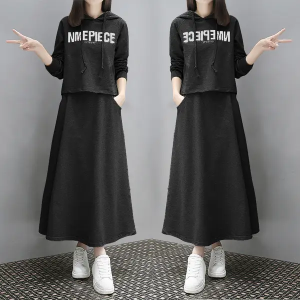 Women Korean Style Over-the-Knee Hoodie Dress Grey