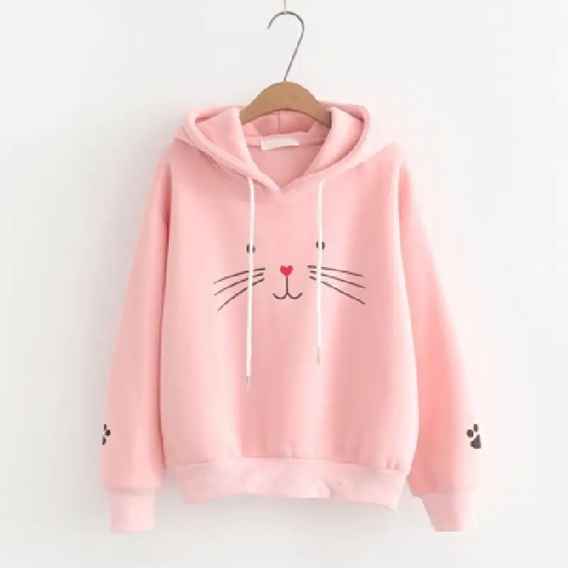 Women's Dark Blue Cat Print Hoodie Sweatshirt - Image 2