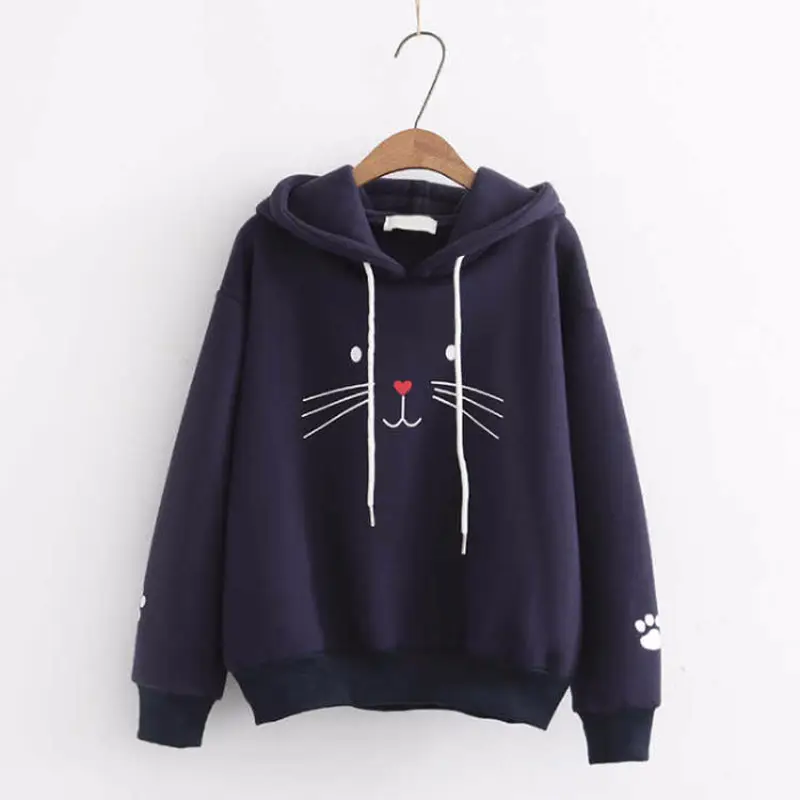 Women's Dark Blue Cat Print Hoodie Sweatshirt - Image 3