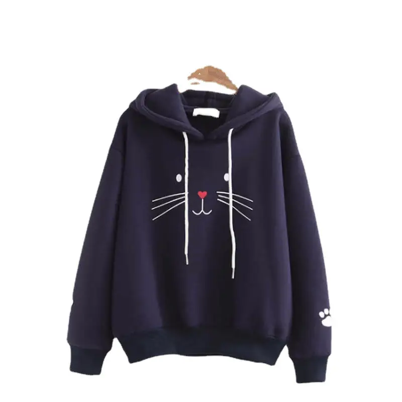 Women's Dark Blue Cat Print Hoodie Sweatshirt - Image 5
