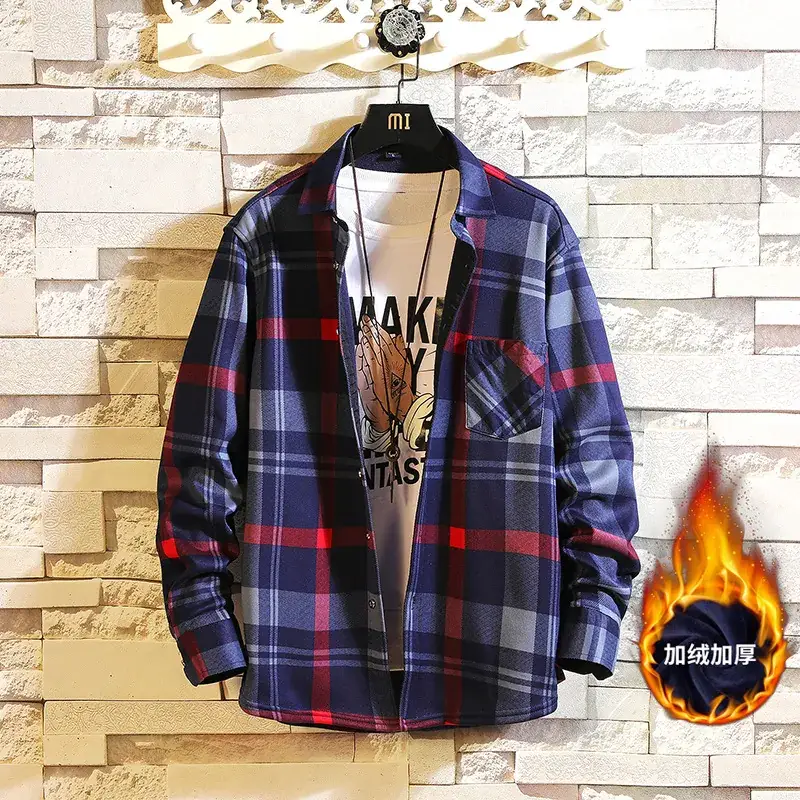 Winter Plaid Long Sleeve Shirt for Men Velvet - Image 3