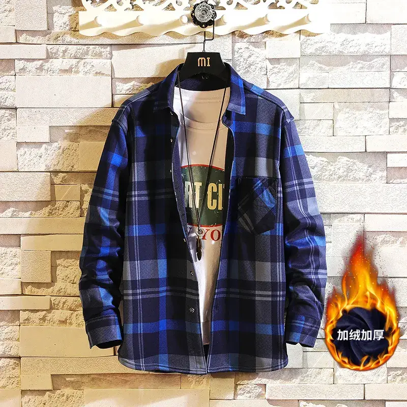 Winter Plaid Long Sleeve Shirt for Men Velvet - Image 4