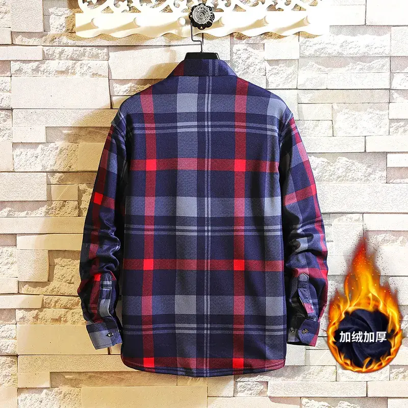 Winter Plaid Long Sleeve Shirt for Men Velvet - Image 5