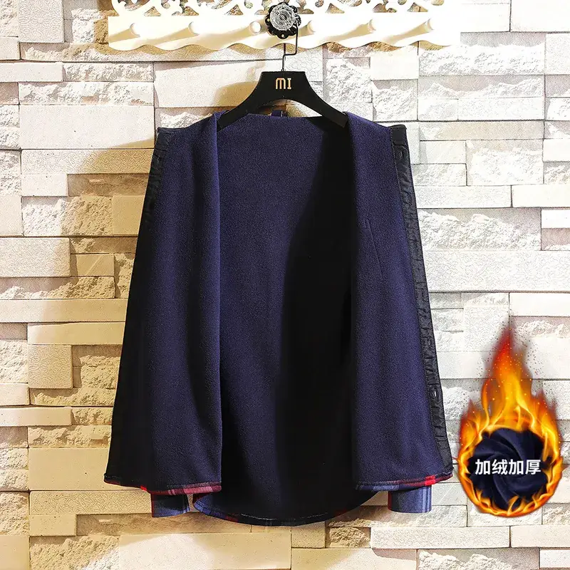 Winter Plaid Long Sleeve Shirt for Men Velvet - Image 6
