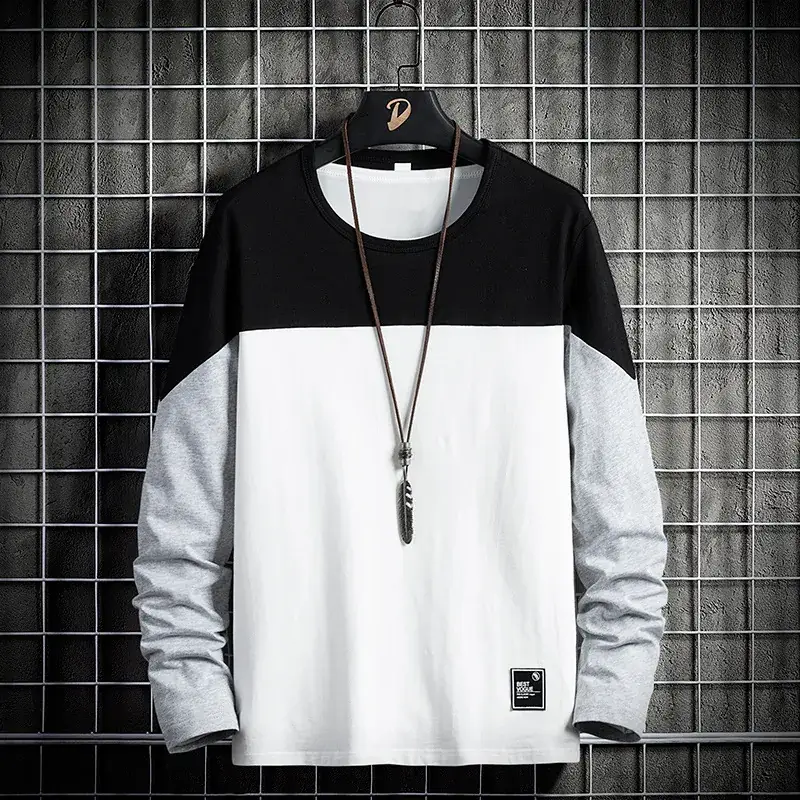 Men Korean Style Long Sleeve T-Shirt Black White Grey - Image 3