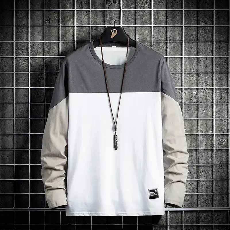 Men Korean Style Long Sleeve T-Shirt Black White Grey - Image 4