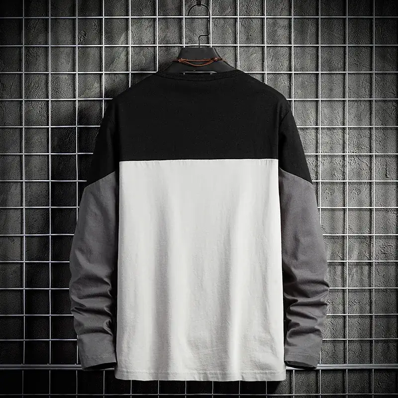 Men Korean Style Long Sleeve T-Shirt Black White Grey - Image 5