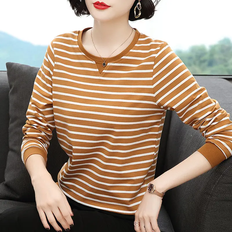 Women Cotton Striped Long Sleeve T-Shirt Brown White - Image 4