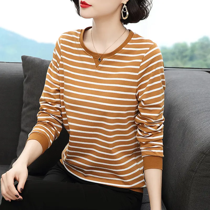 Women Cotton Striped Long Sleeve T-Shirt Brown White - Image 5