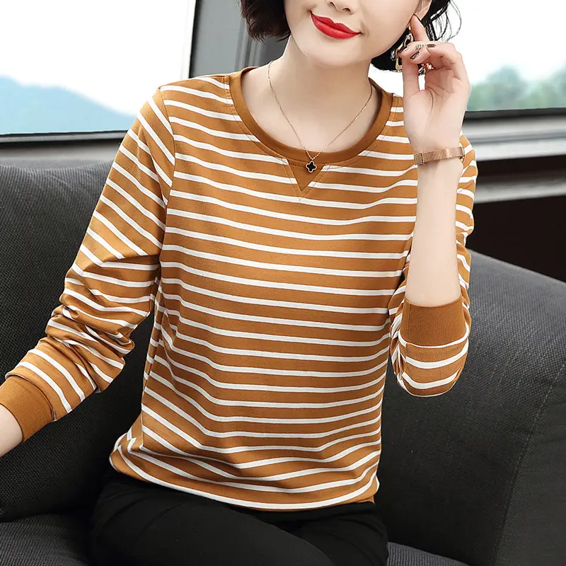 Women Cotton Striped Long Sleeve T-Shirt Brown White - Image 6