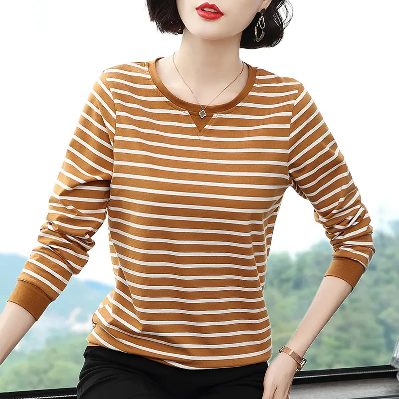 Women Cotton Striped Long Sleeve T-Shirt Brown White - Image 7