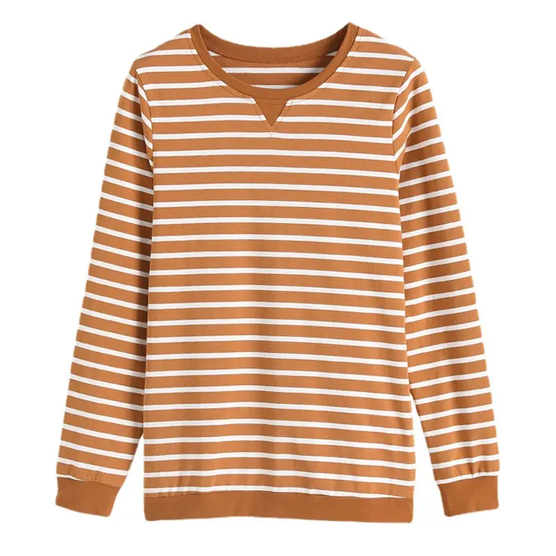 Women Cotton Striped Long Sleeve T-Shirt Brown White - Image 8