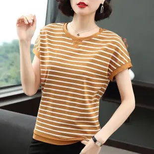 Women Cotton Striped Long Sleeve T-Shirt Brown White — feature 6