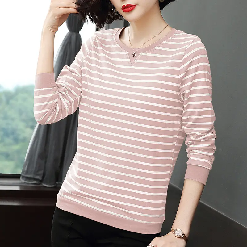 Women Cotton Striped Long Sleeve T-Shirt Brown White - Image 2