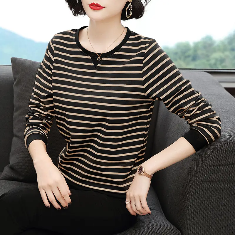 Women Cotton Striped Long Sleeve T-Shirt Brown White - Image 3