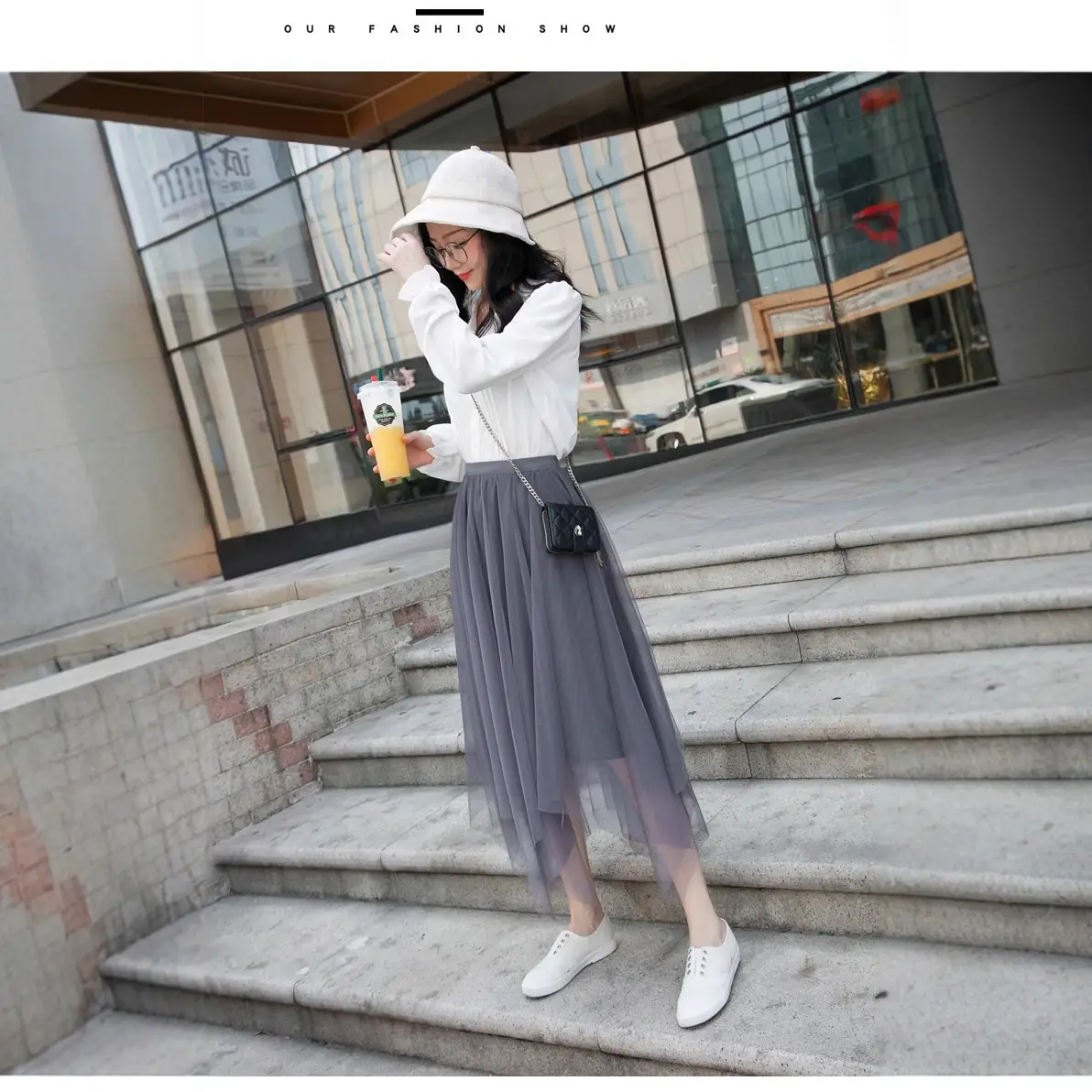 Women Pink Mesh Skirt with White Sweater Mid Length