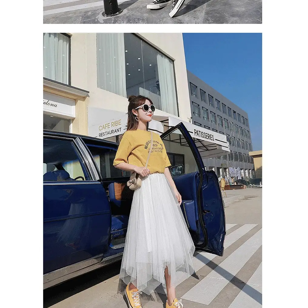 Women Pink Mesh Skirt with White Sweater Mid Length