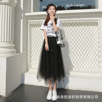 Women Pink Mesh Skirt with White Sweater Mid Length