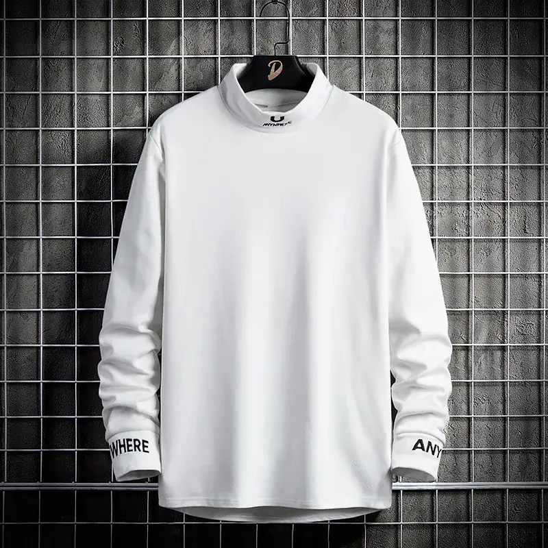Men's White Fleece Long Sleeve T-Shirt Half Collar - Image 2