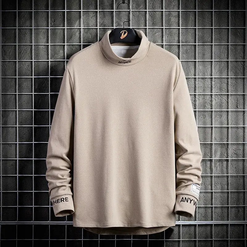 Men's White Fleece Long Sleeve T-Shirt Half Collar - Image 3