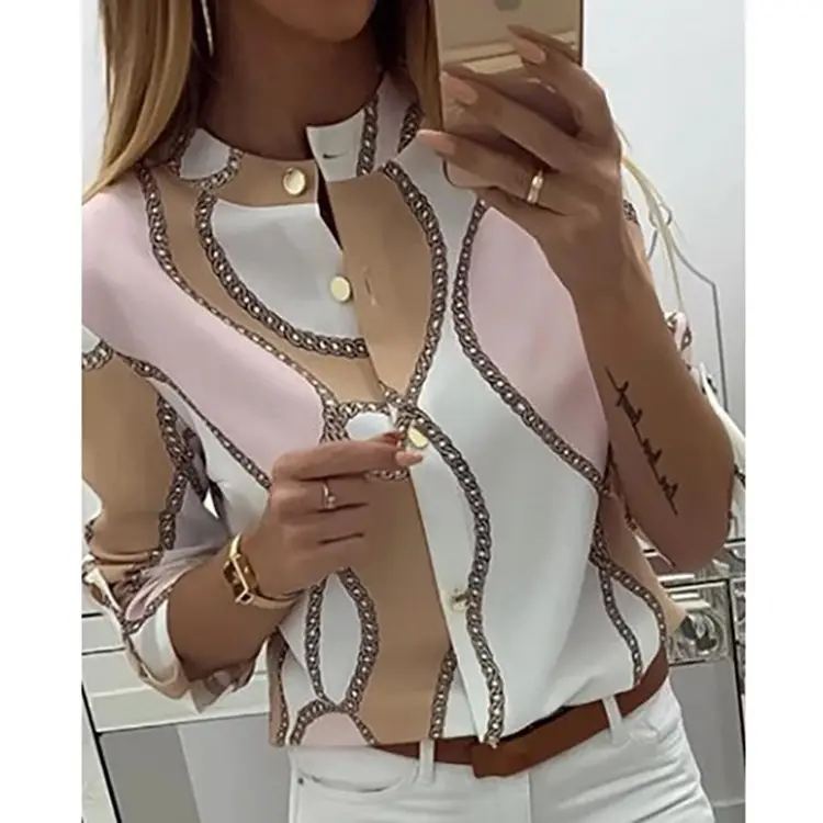 Women's 2019 Printed Lapel Shirt White Pink Beige - Image 10