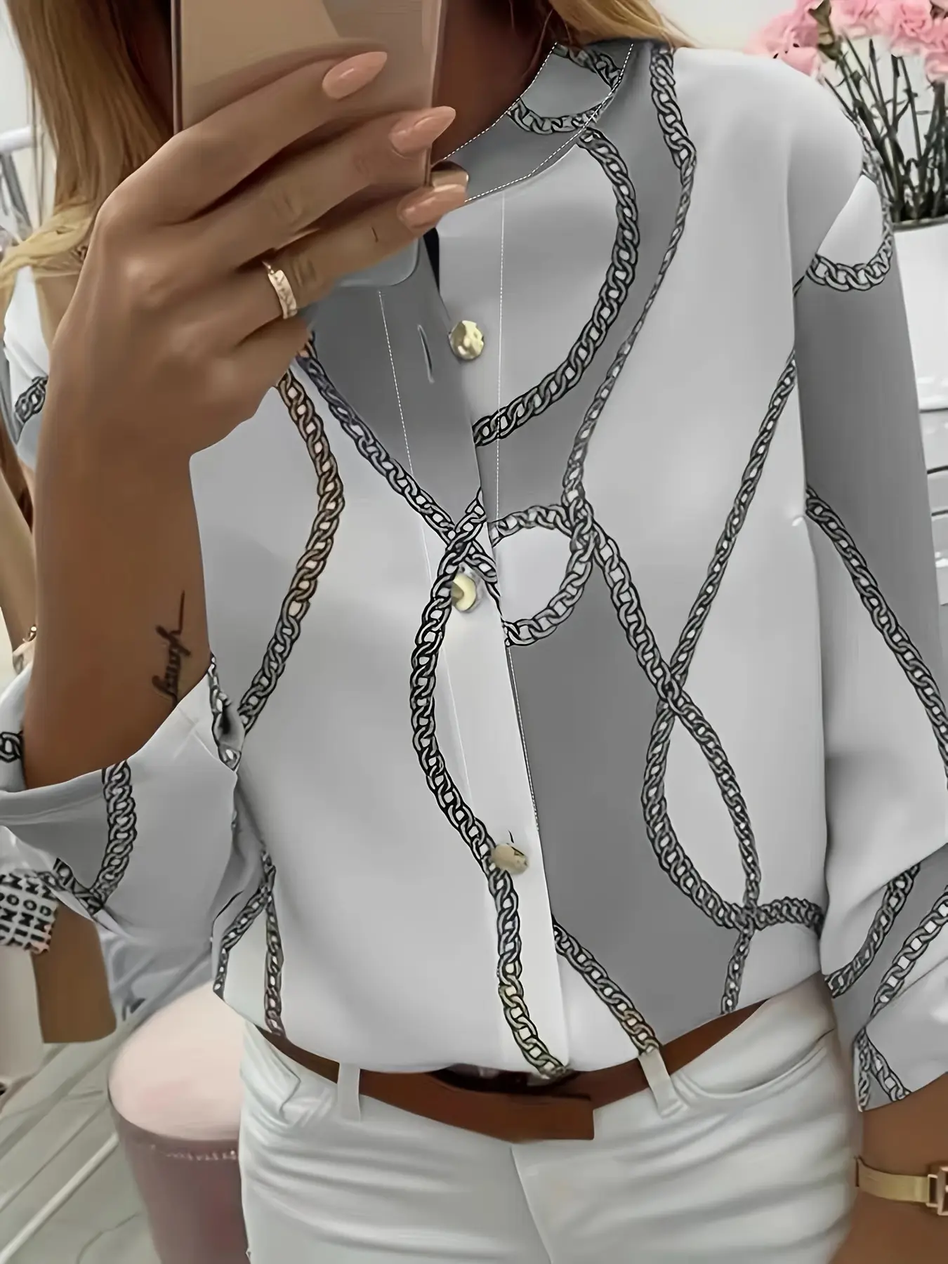 Women's 2019 Printed Lapel Shirt White Pink Beige - Image 2
