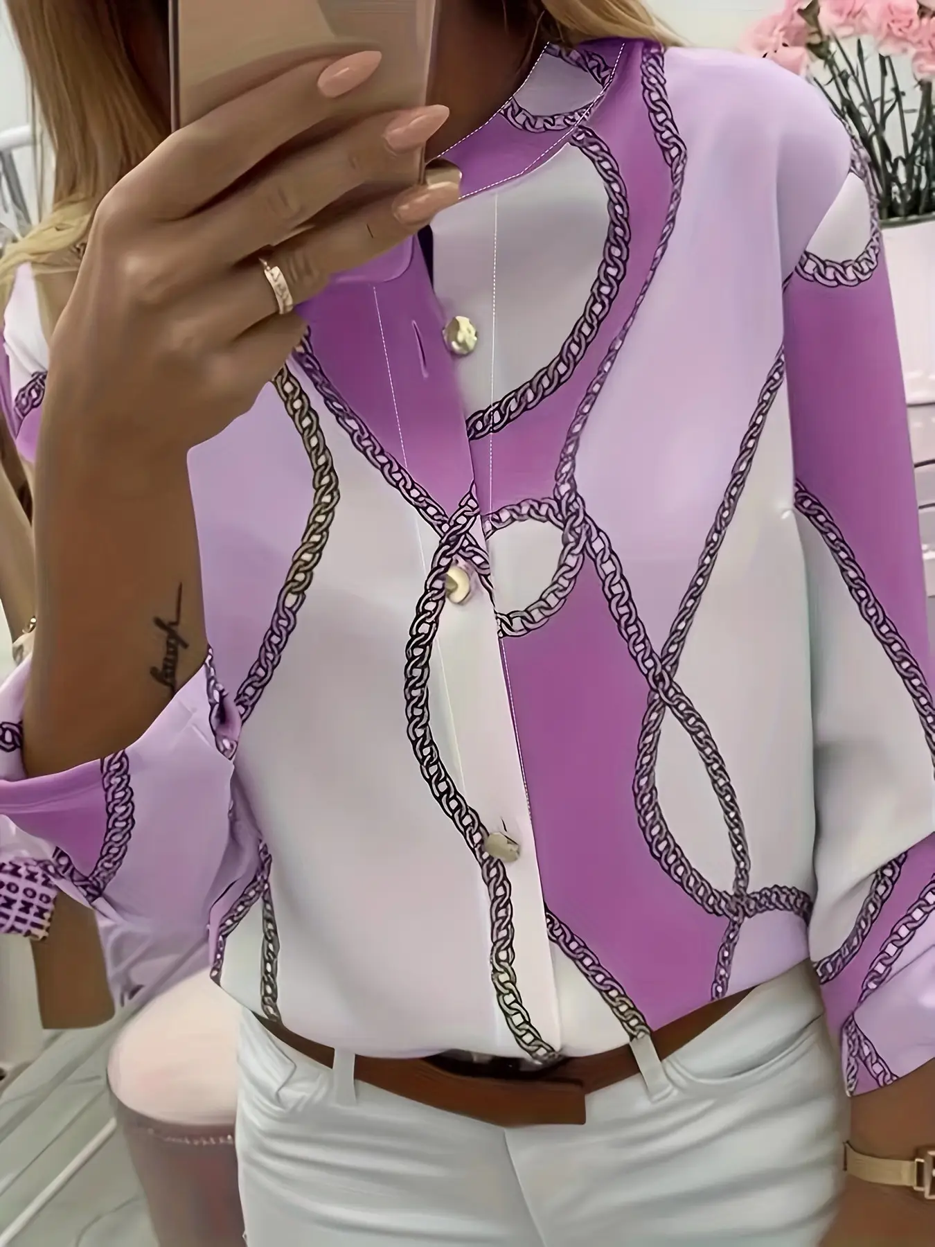 Women's 2019 Printed Lapel Shirt White Pink Beige - Image 3