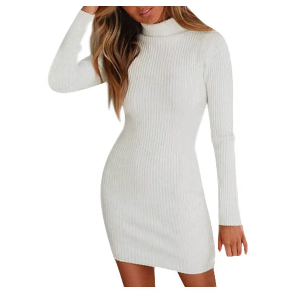 White Knitted Long Sleeve Slim Fit Dress for Women - Image 7