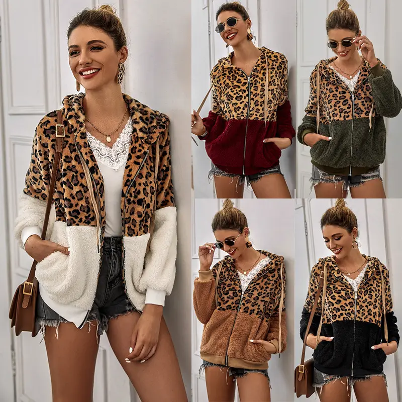 Women Leopard Print Hoodie Winter Coat Brown Velvet