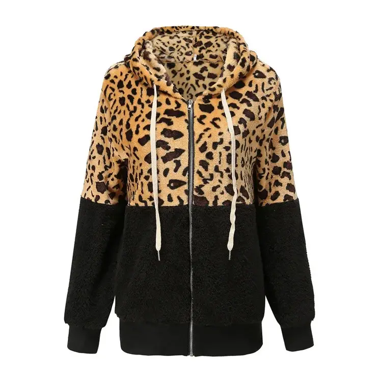 Women Leopard Print Hoodie Winter Coat Brown Velvet — feature 6