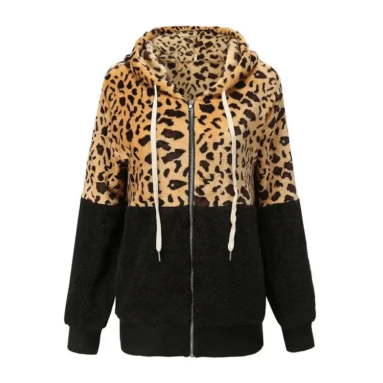 Women Leopard Print Hoodie Winter Coat Brown Velvet