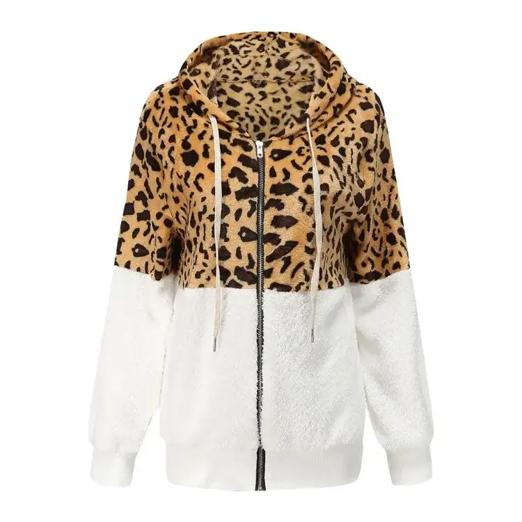 Women Leopard Print Hoodie Winter Coat Brown Velvet