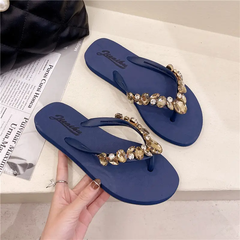 Women Beaded Flip Flops Red Gold Beach Wear