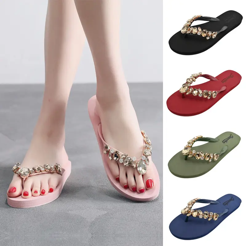 Women Beaded Flip Flops Red Gold Beach Wear