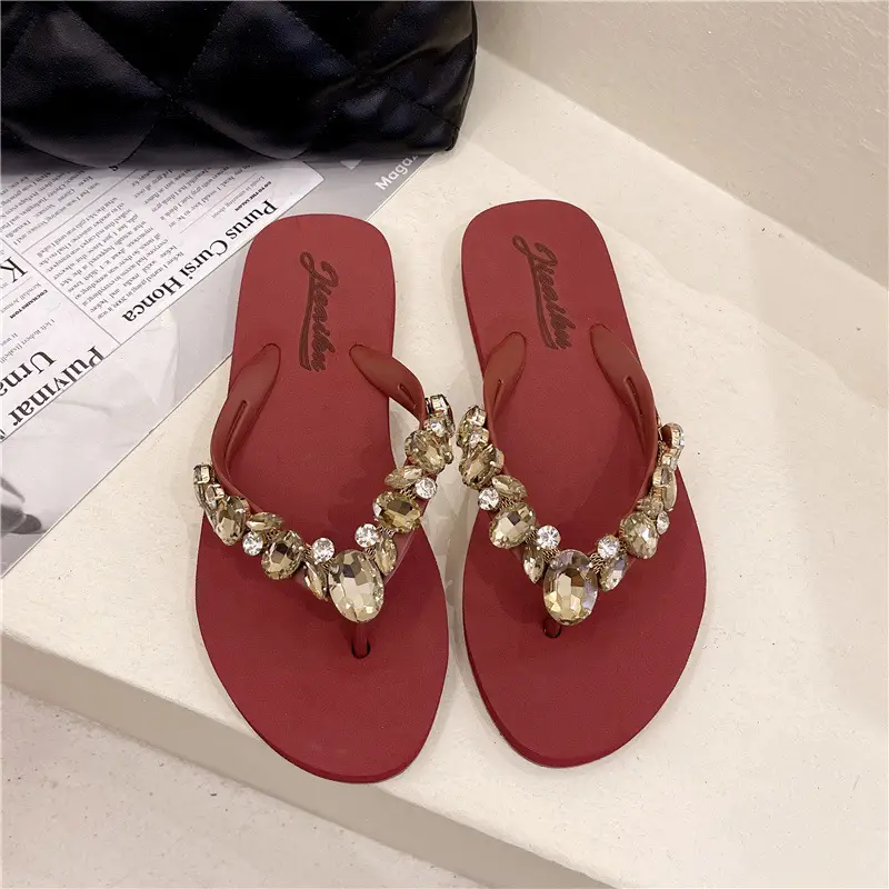 Women Beaded Flip Flops Red Gold Beach Wear