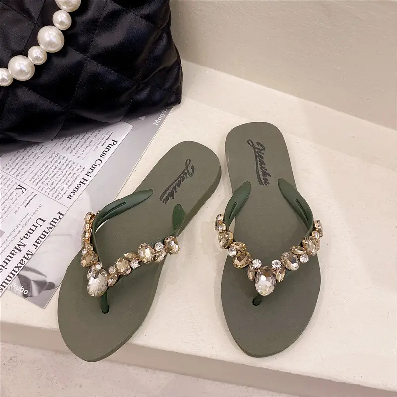 Women Beaded Flip Flops Red Gold Beach Wear