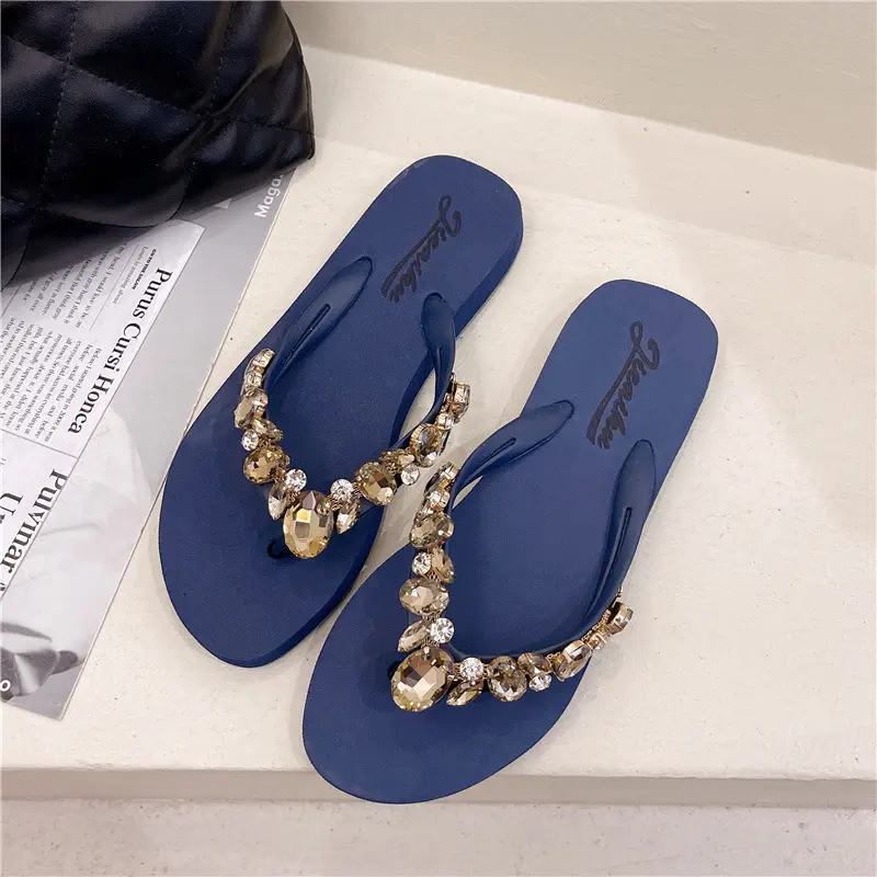 Women Beaded Flip Flops Red Gold Beach Wear
