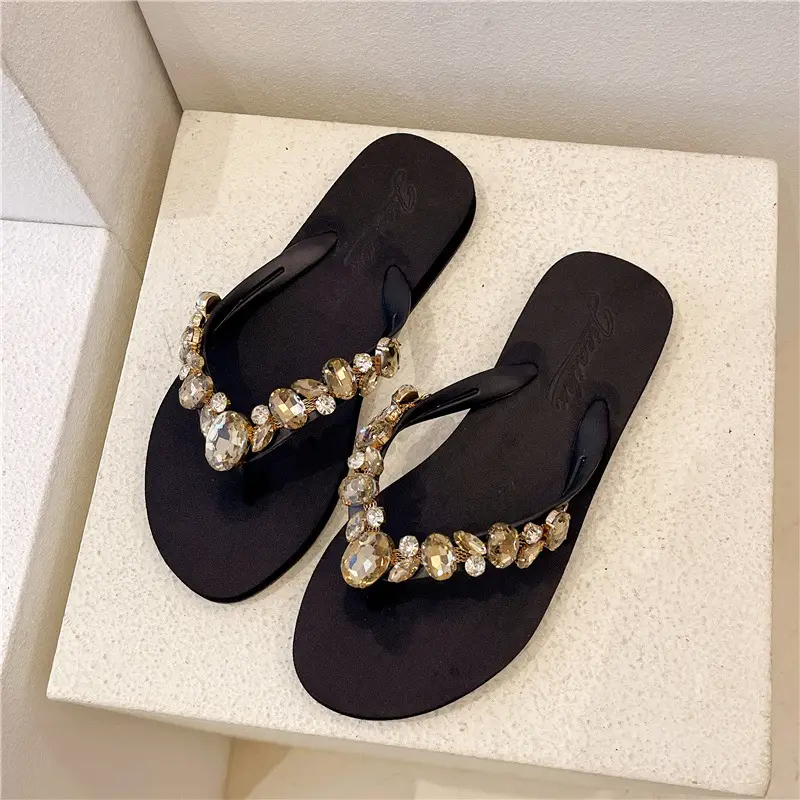 Women Beaded Flip Flops Red Gold Beach Wear