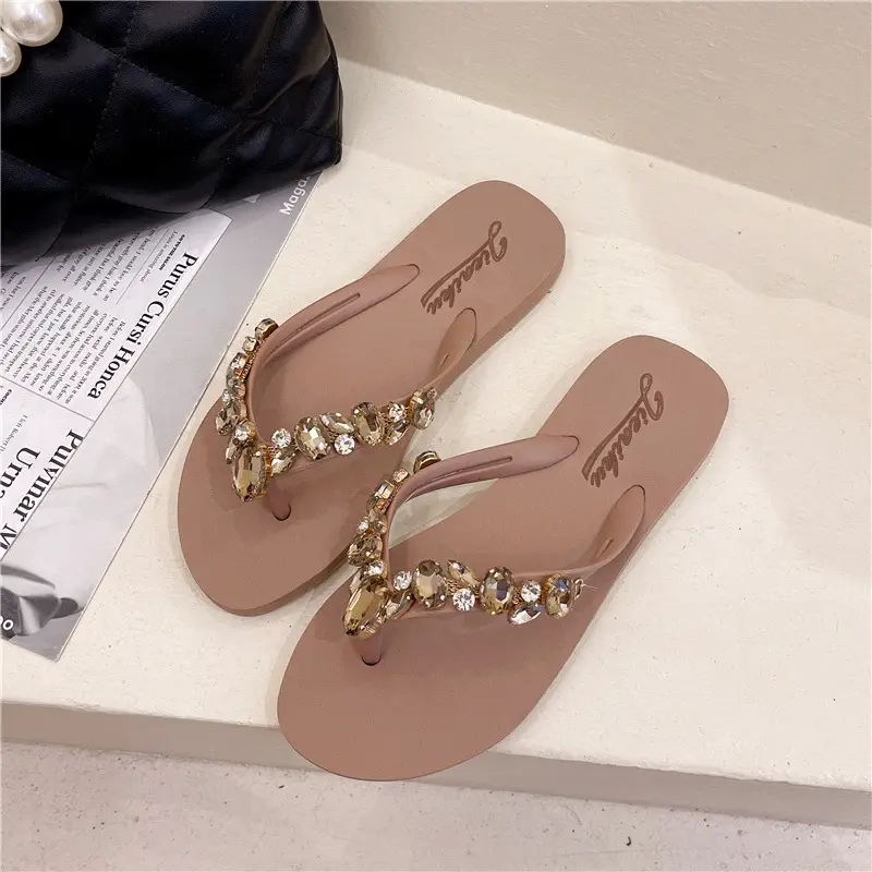 Women Beaded Flip Flops Red Gold Beach Wear