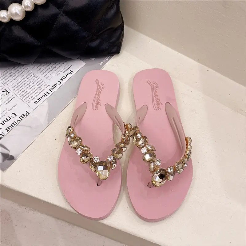 Women Beaded Flip Flops Red Gold Beach Wear