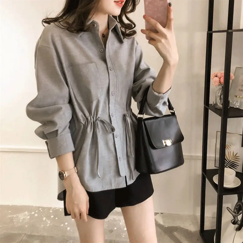2025 Korean Style Women Cotton Linen Shirt Blue Lapel Drawstring Waist - Image 4