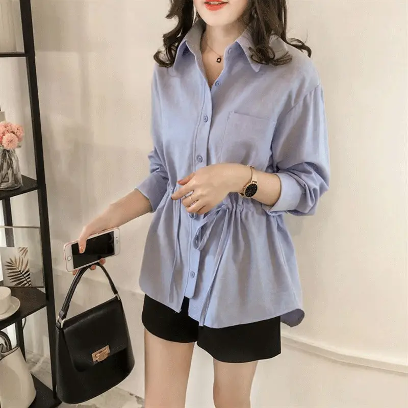 2025 Korean Style Women Cotton Linen Shirt Blue Lapel Drawstring Waist - Image 5