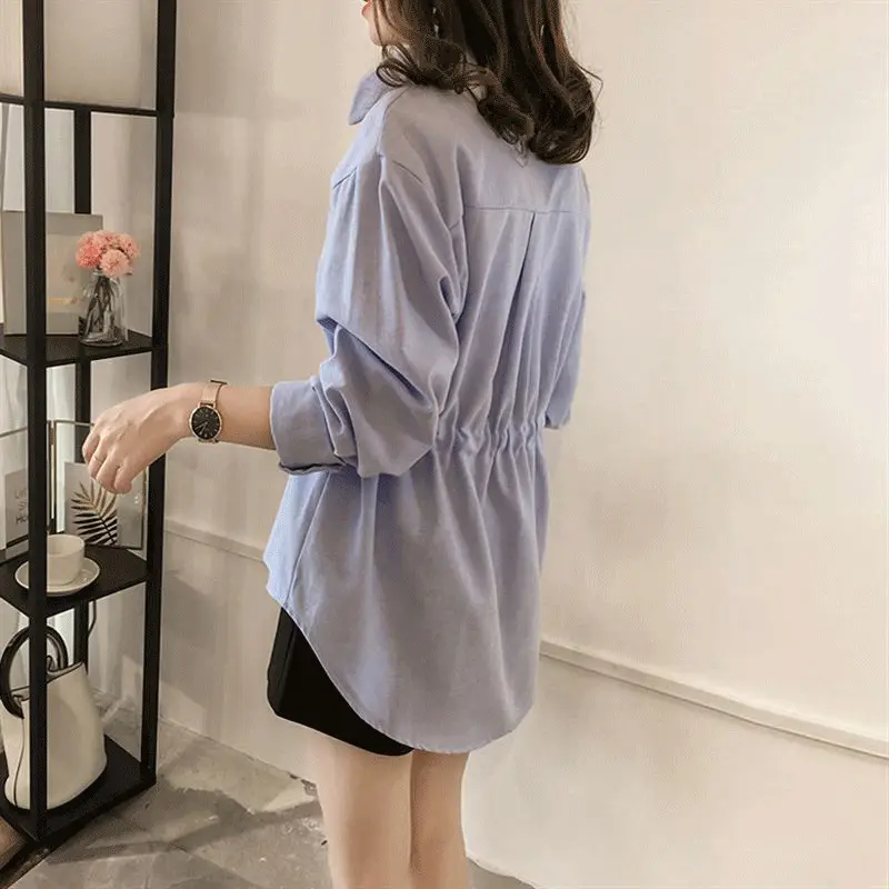 2025 Korean Style Women Cotton Linen Shirt Blue Lapel Drawstring Waist - Image 6