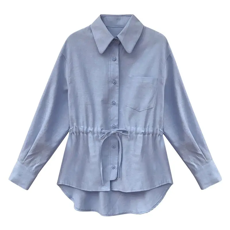 2025 Korean Style Women Cotton Linen Shirt Blue Lapel Drawstring Waist - Image 7