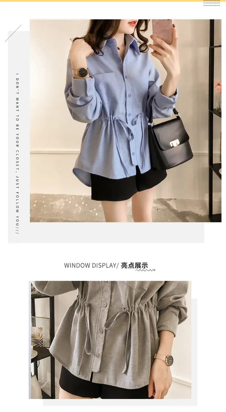 2025 Korean Style Women Cotton Linen Shirt Blue Lapel Drawstring Waist — feature 3